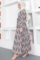 Tesettür giyim KAHVE KUŞAKLI YAPRAK DESENLİ ELBİSE T 044