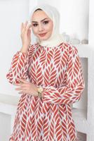 Tesettür giyim KAHVE KUŞAKLI YAPRAK DESENLİ ELBİSE T 044