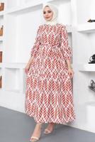 Tesettür giyim KAHVE KUŞAKLI YAPRAK DESENLİ ELBİSE T 044