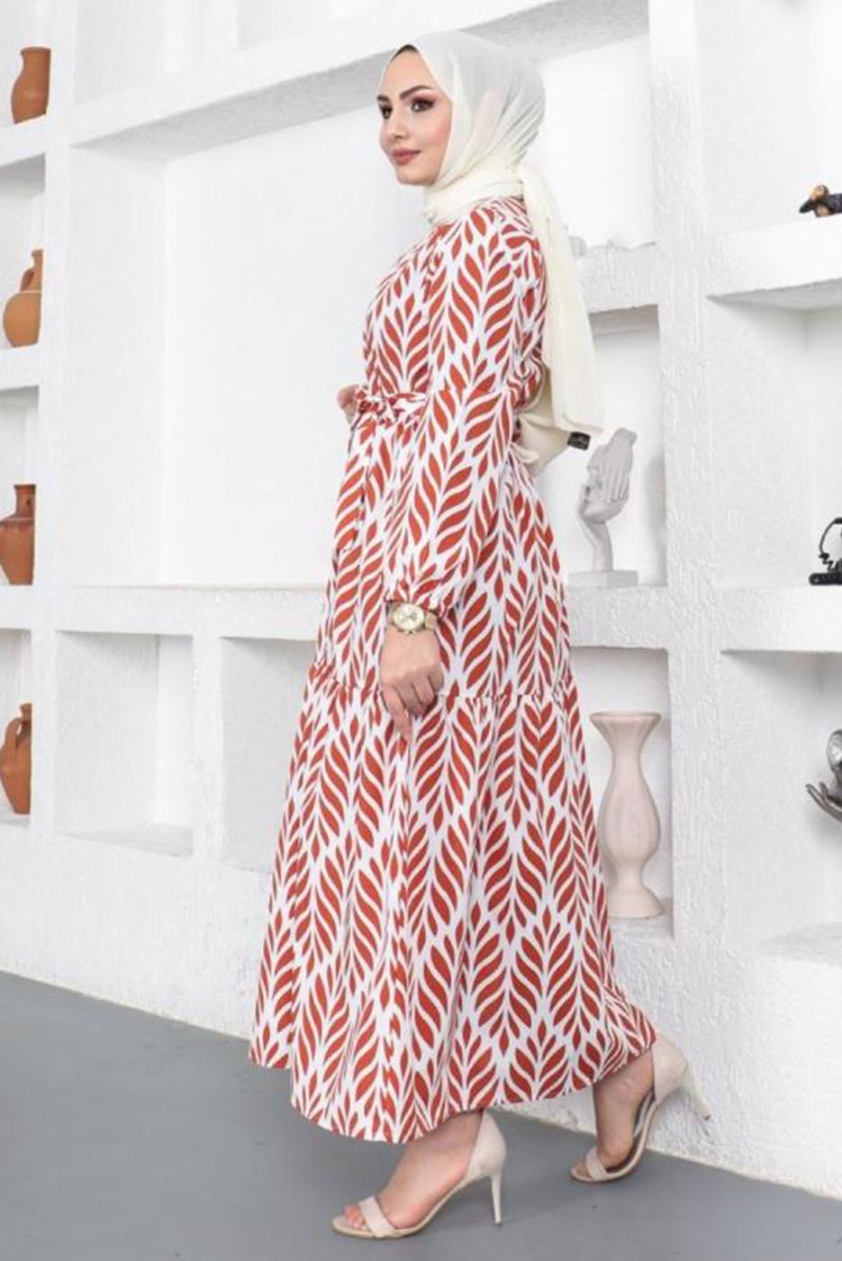 Tesettür giyim KAHVE KUŞAKLI YAPRAK DESENLİ ELBİSE T 044