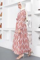 Tesettür giyim KAHVE KUŞAKLI YAPRAK DESENLİ ELBİSE T 044