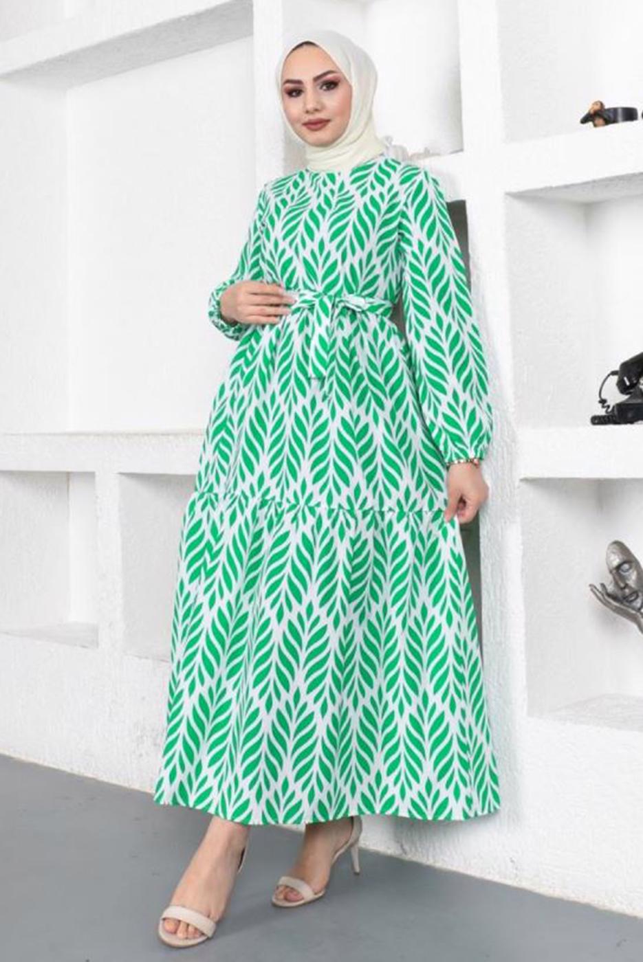 Tesettür giyim YEŞİL KUŞAKLI YAPRAK DESENLİ ELBİSE T 044