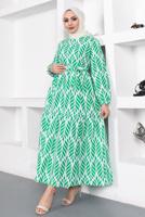 Tesettür giyim YEŞİL KUŞAKLI YAPRAK DESENLİ ELBİSE T 044