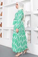Tesettür giyim YEŞİL KUŞAKLI YAPRAK DESENLİ ELBİSE T 044