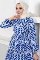 Tesettür giyim LACİVERT KUŞAKLI YAPRAK DESENLİ ELBİSE T 044