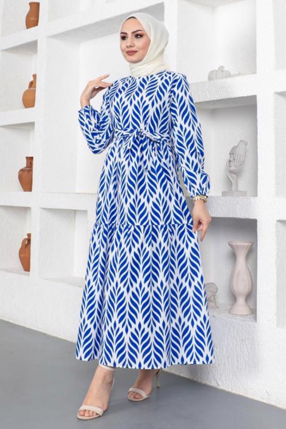 Tesettür giyim LACİVERT KUŞAKLI YAPRAK DESENLİ ELBİSE T 044