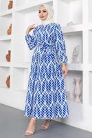 Tesettür giyim LACİVERT KUŞAKLI YAPRAK DESENLİ ELBİSE T 044