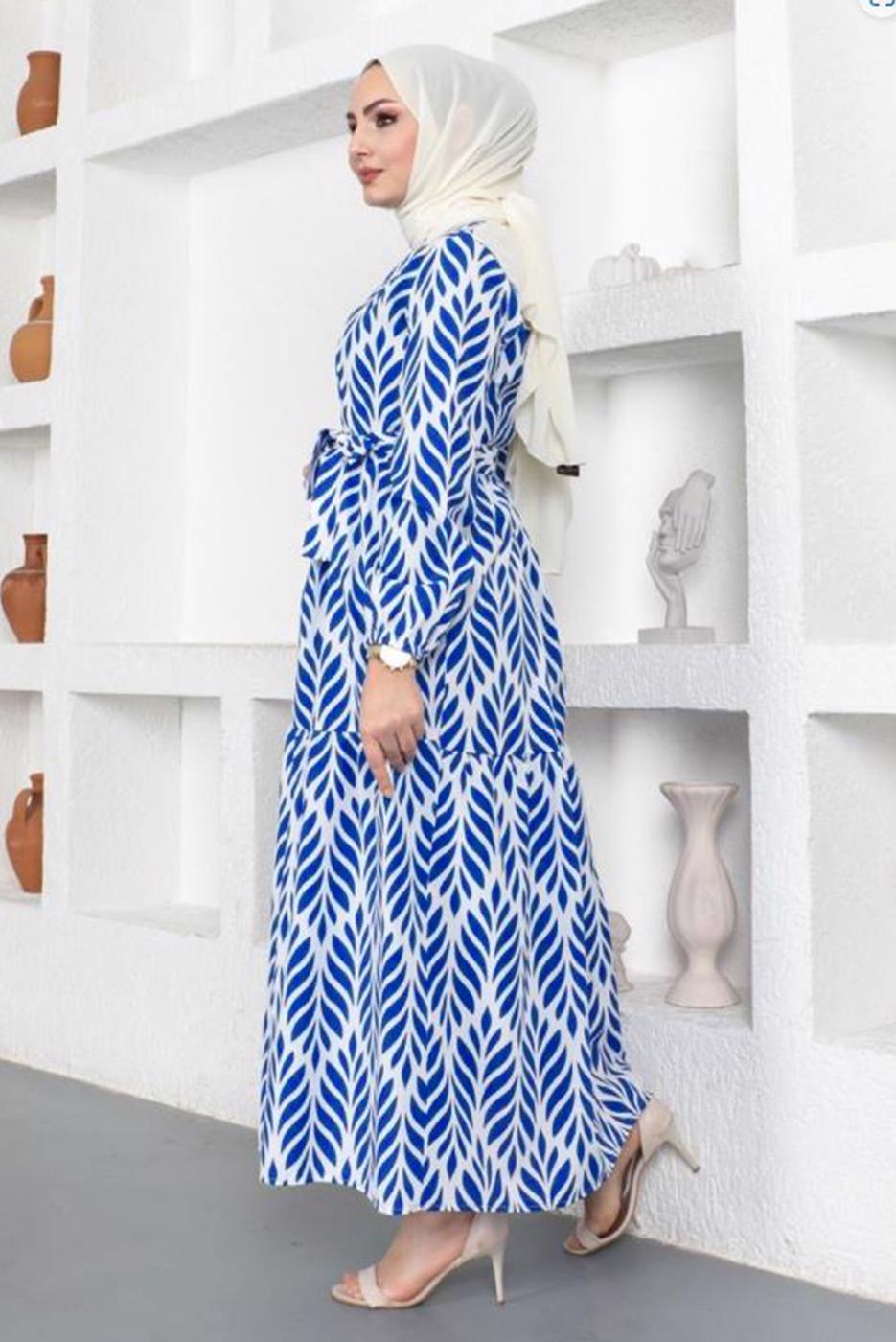 Tesettür giyim LACİVERT KUŞAKLI YAPRAK DESENLİ ELBİSE T 044
