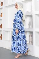 Tesettür giyim LACİVERT KUŞAKLI YAPRAK DESENLİ ELBİSE T 044