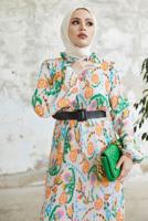 Tesettür giyim TURUNCU DESENLİ KEMERLİ ŞİFON ELBİSE T 00501