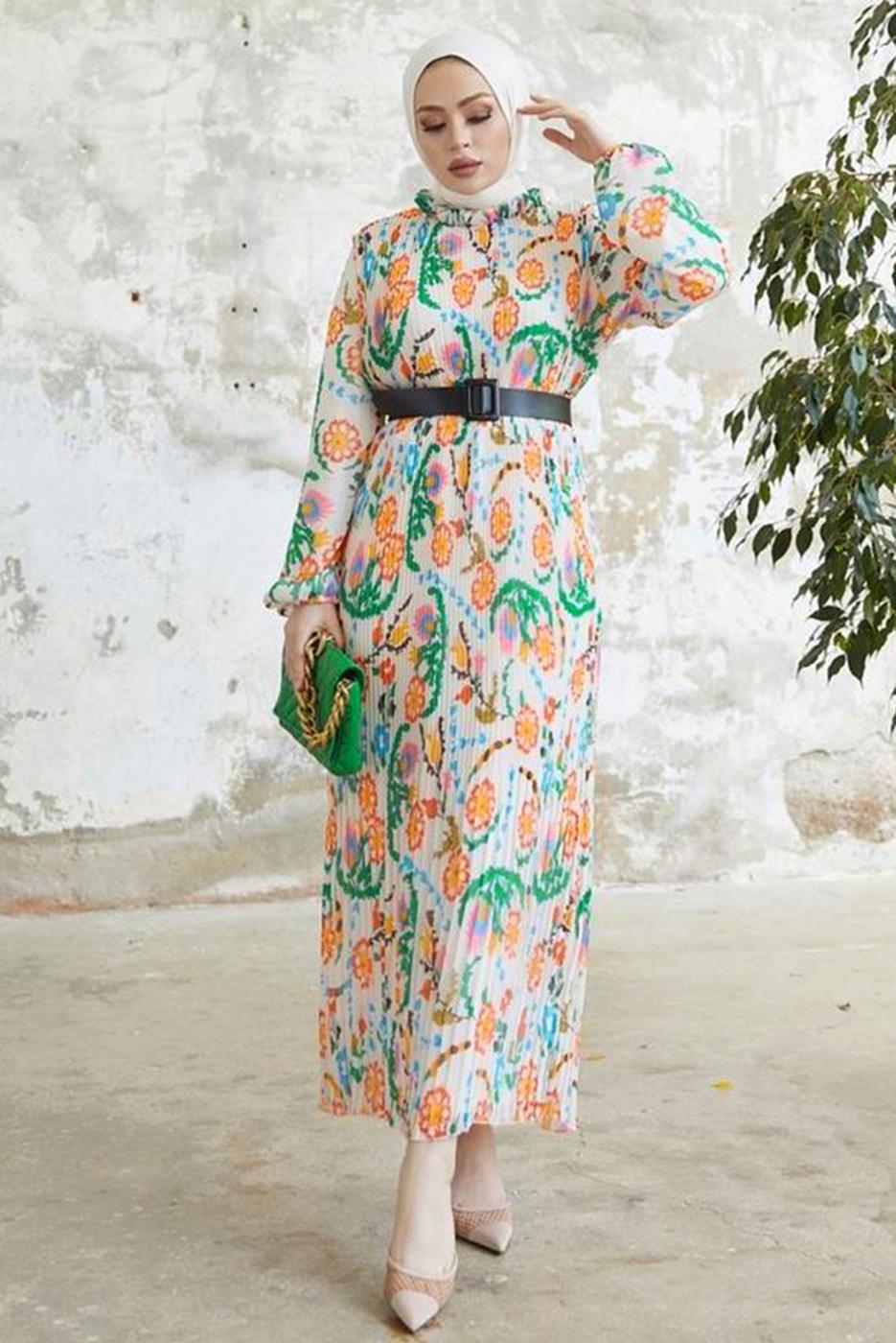 Tesettür giyim TURUNCU DESENLİ KEMERLİ ŞİFON ELBİSE T 00501