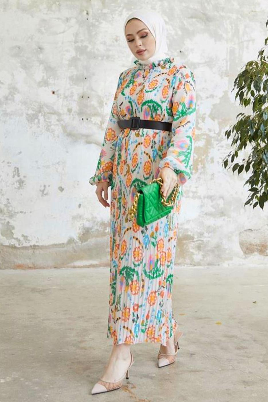Tesettür giyim TURUNCU DESENLİ KEMERLİ ŞİFON ELBİSE T 00501