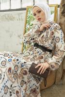 Tesettür giyim VİZON DESENLİ KEMERLİ ŞİFON ELBİSE T 00501