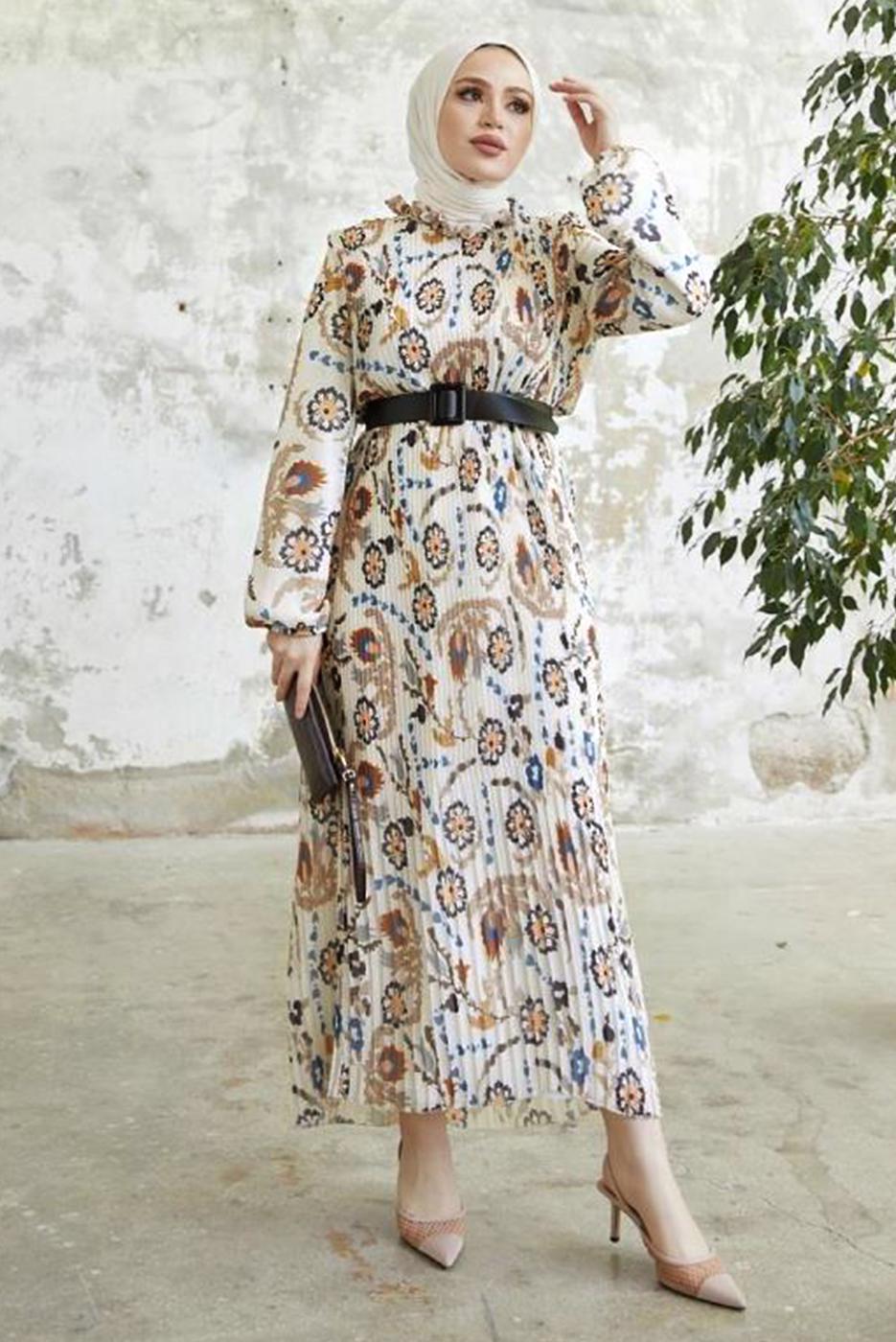 Tesettür giyim VİZON DESENLİ KEMERLİ ŞİFON ELBİSE T 00501