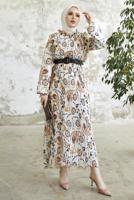 Tesettür giyim VİZON DESENLİ KEMERLİ ŞİFON ELBİSE T 00501