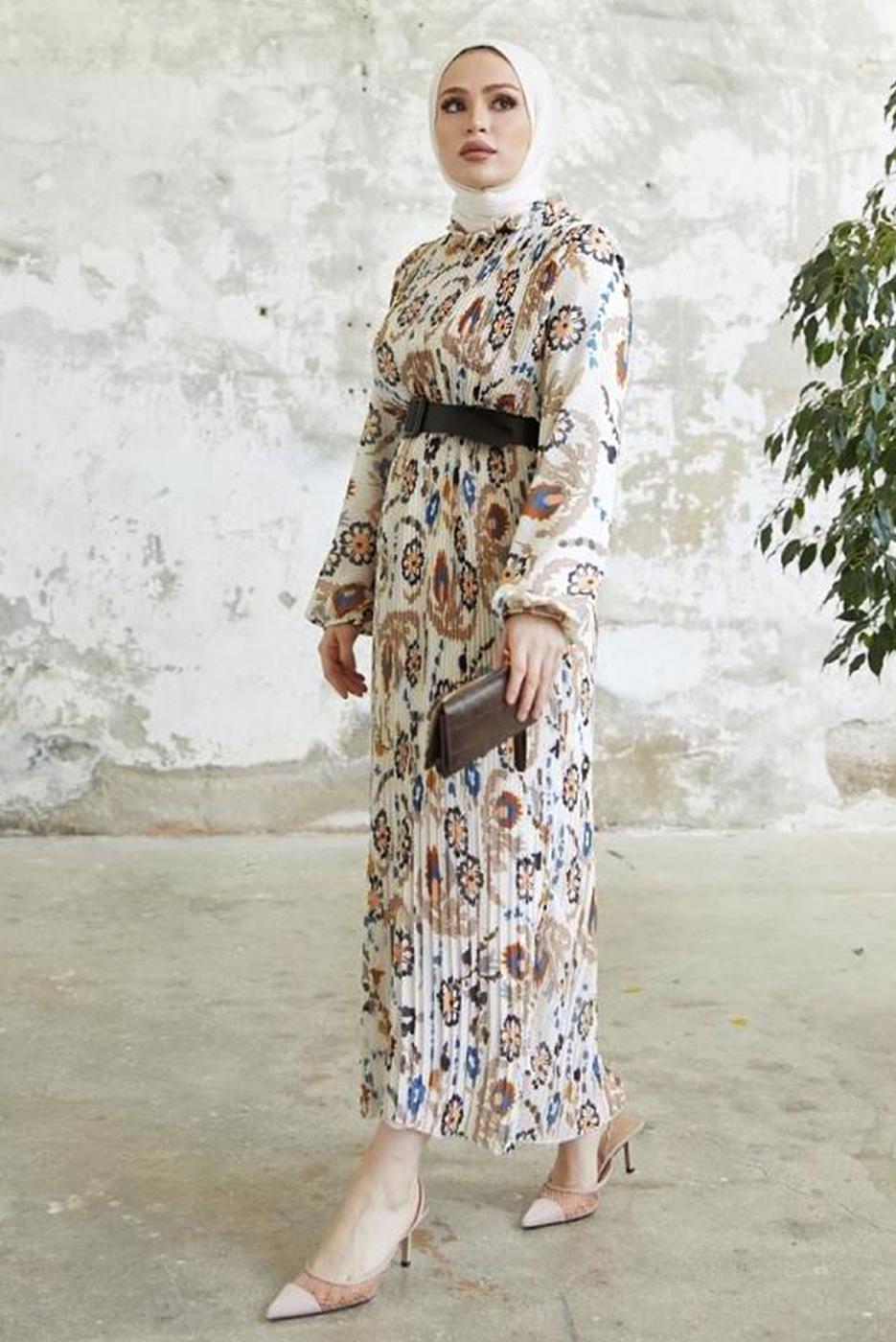 Tesettür giyim VİZON DESENLİ KEMERLİ ŞİFON ELBİSE T 00501