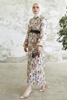 Tesettür giyim VİZON DESENLİ KEMERLİ ŞİFON ELBİSE T 00501