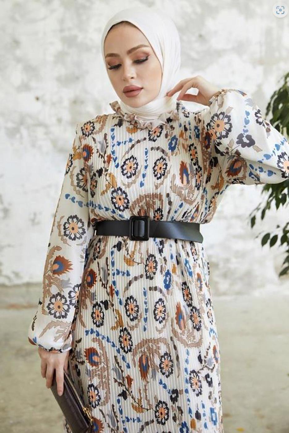 Tesettür giyim VİZON DESENLİ KEMERLİ ŞİFON ELBİSE T 00501