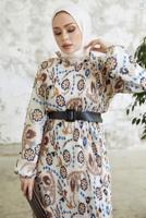 Tesettür giyim VİZON DESENLİ KEMERLİ ŞİFON ELBİSE T 00501