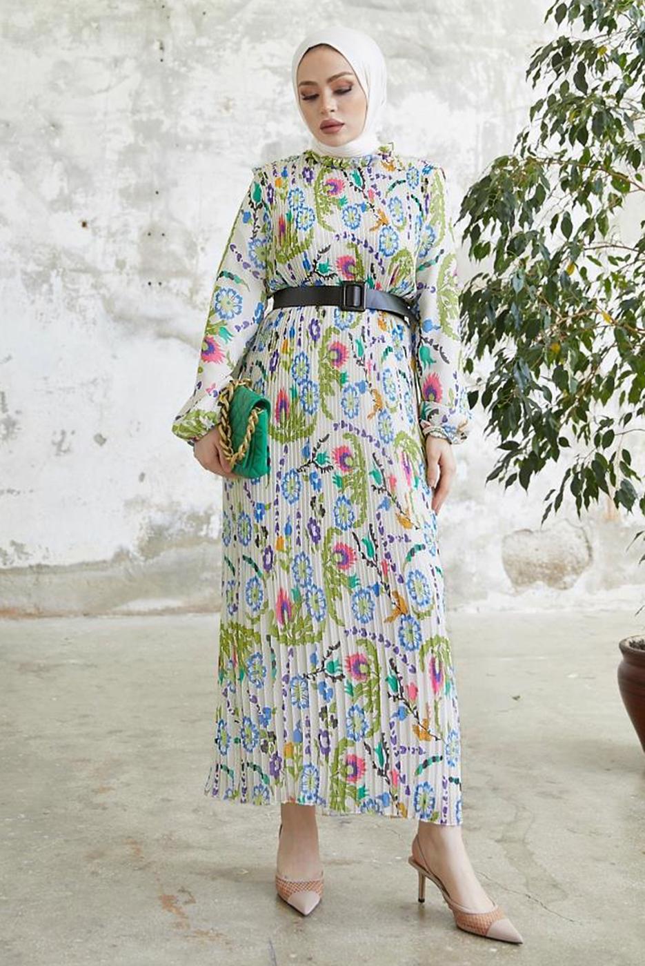 Tesettür giyim YEŞİL DESENLİ KEMERLİ ŞİFON ELBİSE T 00501