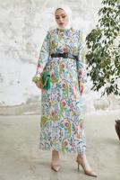 Tesettür giyim YEŞİL DESENLİ KEMERLİ ŞİFON ELBİSE T 00501