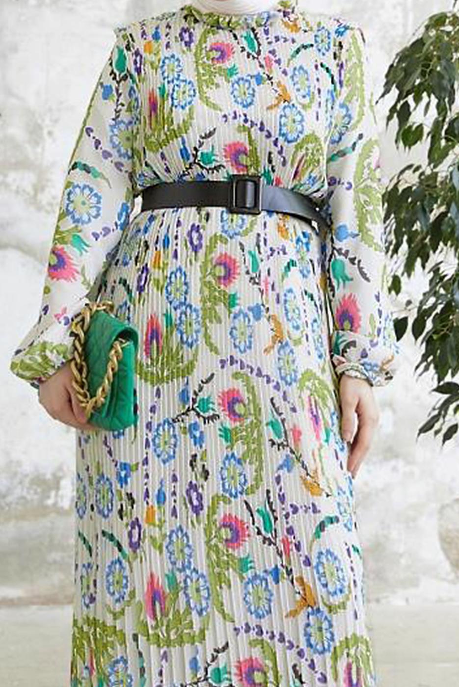 Tesettür giyim YEŞİL DESENLİ KEMERLİ ŞİFON ELBİSE T 00501