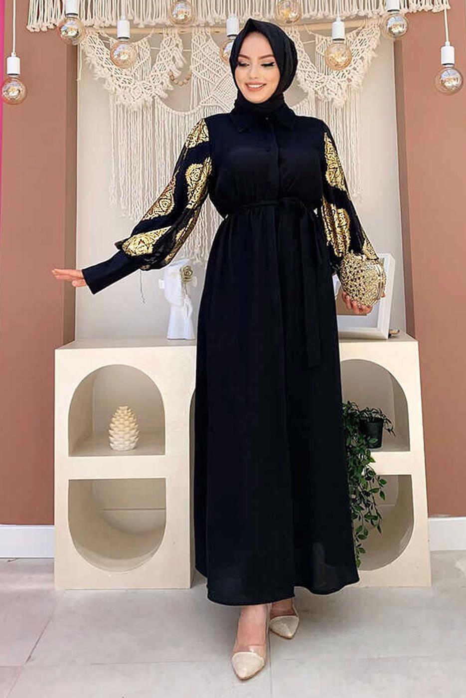 Tesettür giyim ALTIN KOLLARI DESENLİ GÖMLEK YAKA KUŞAKLI ELBİSE T 0077