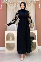 Tesettür giyim ALTIN KOLLARI DESENLİ GÖMLEK YAKA KUŞAKLI ELBİSE T 0077