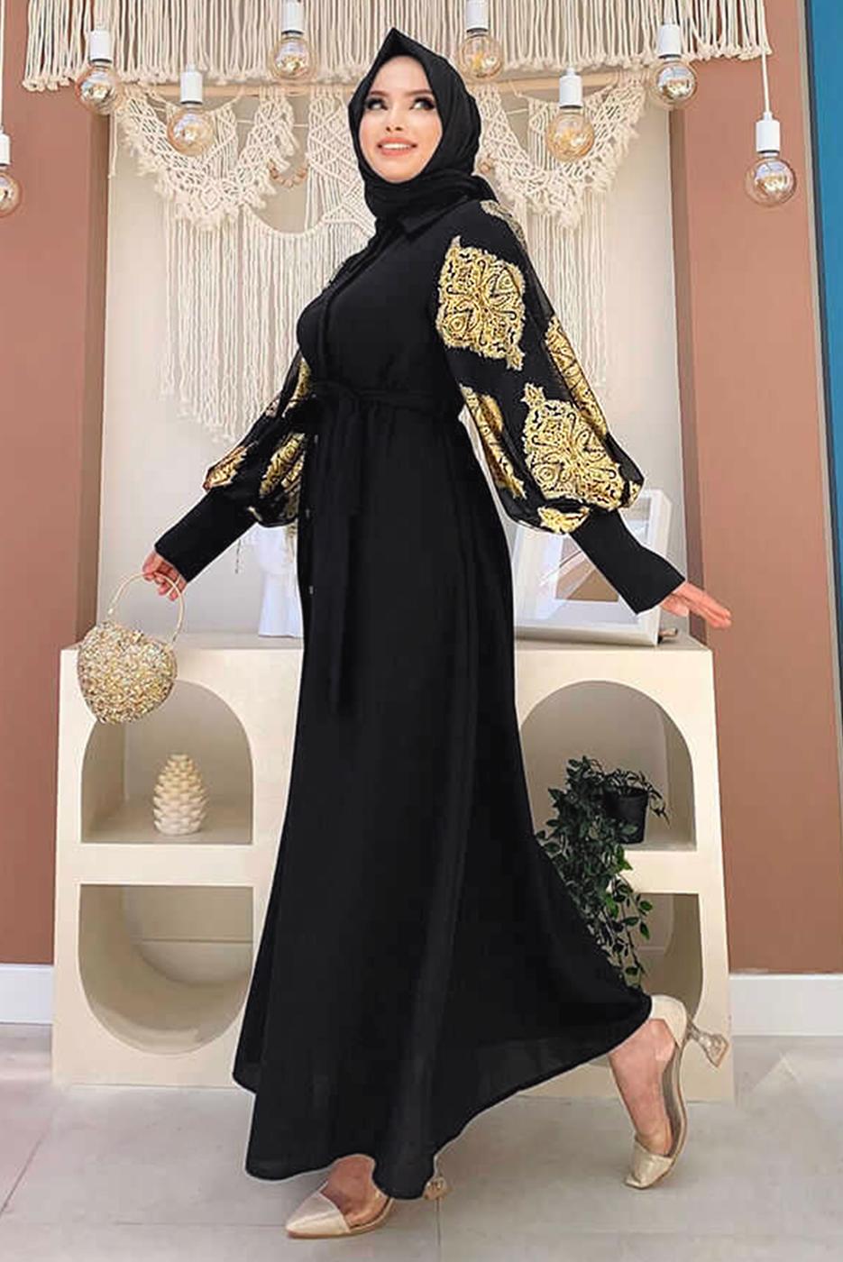 Tesettür giyim ALTIN KOLLARI DESENLİ GÖMLEK YAKA KUŞAKLI ELBİSE T 0077