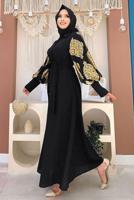 Tesettür giyim ALTIN KOLLARI DESENLİ GÖMLEK YAKA KUŞAKLI ELBİSE T 0077