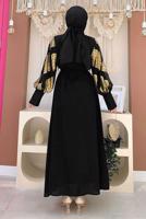 Tesettür giyim ALTIN KOLLARI DESENLİ GÖMLEK YAKA KUŞAKLI ELBİSE T 0077