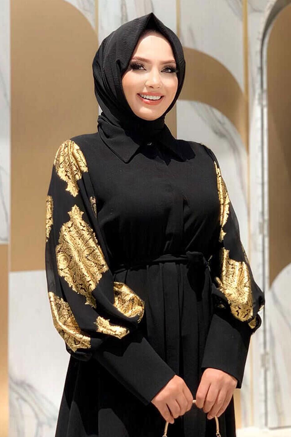 Tesettür giyim ALTIN KOLLARI DESENLİ GÖMLEK YAKA KUŞAKLI ELBİSE T 0077