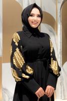 Tesettür giyim ALTIN KOLLARI DESENLİ GÖMLEK YAKA KUŞAKLI ELBİSE T 0077