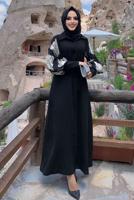 Tesettür giyim GÜMÜŞ KOLLARI DESENLİ GÖMLEK YAKA KUŞAKLI ELBİSE T 0077