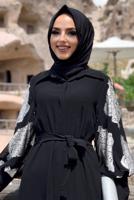 Tesettür giyim GÜMÜŞ KOLLARI DESENLİ GÖMLEK YAKA KUŞAKLI ELBİSE T 0077