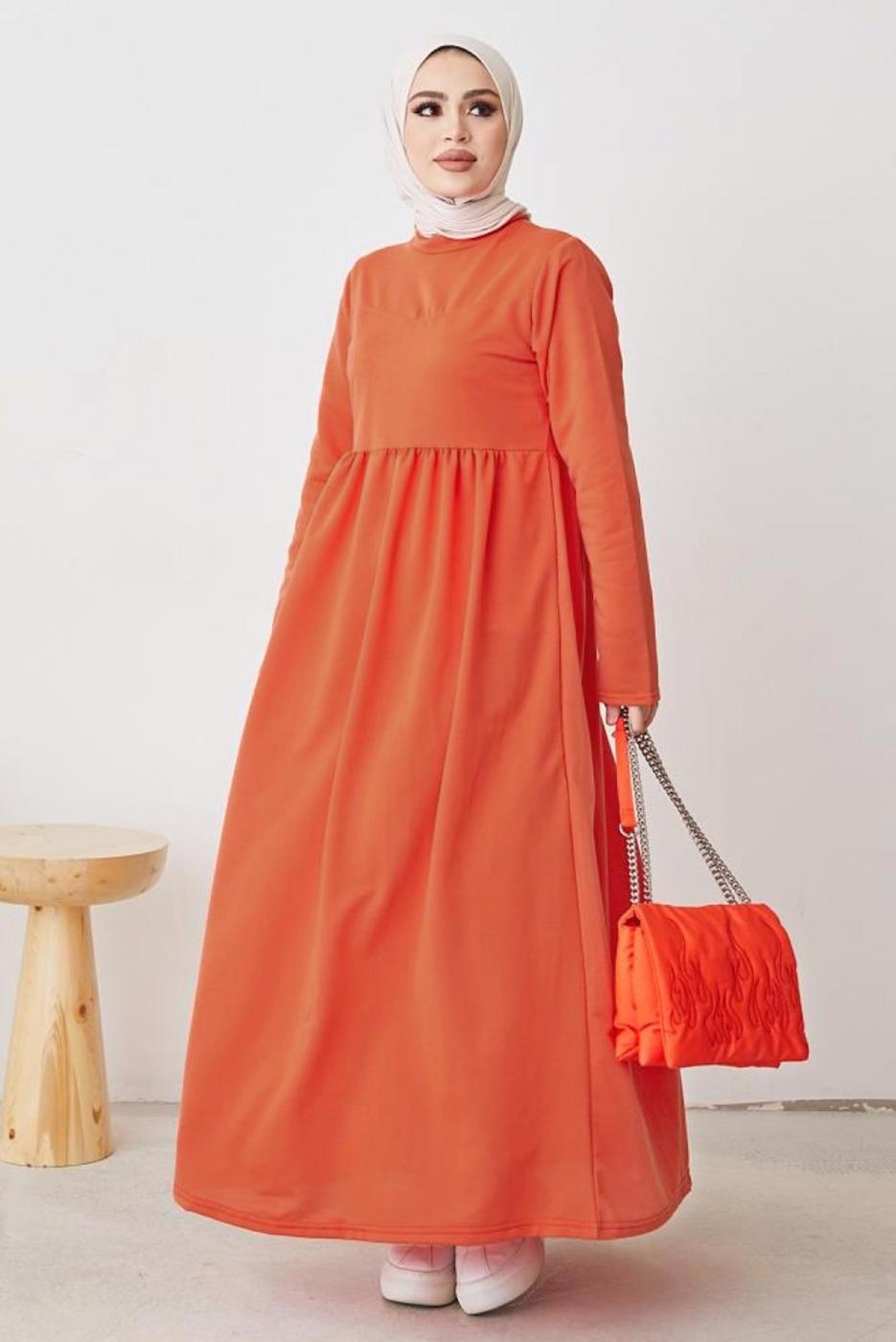 Tesettür giyim TURUNCU ROBALI SALAŞ ELBİSE T 103