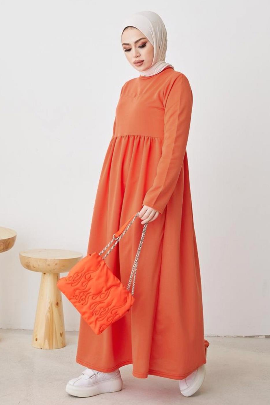 Tesettür giyim TURUNCU ROBALI SALAŞ ELBİSE T 103