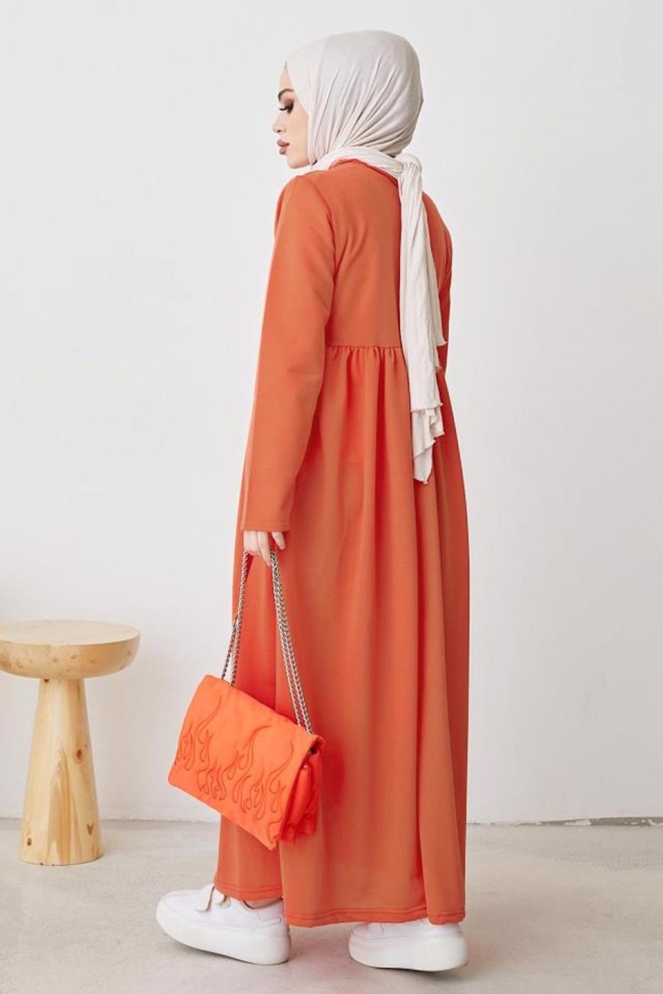 Tesettür giyim TURUNCU ROBALI SALAŞ ELBİSE T 103