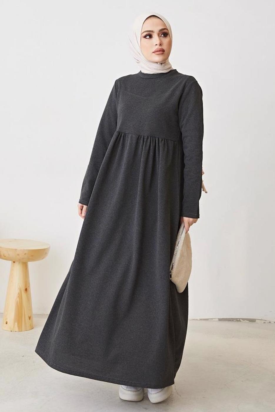 Tesettür giyim GRİ ROBALI SALAŞ ELBİSE T 103