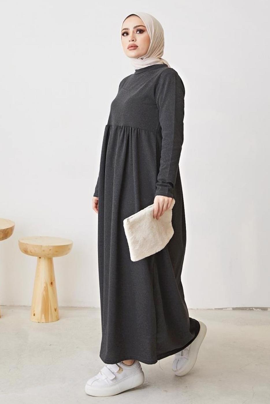 Tesettür giyim GRİ ROBALI SALAŞ ELBİSE T 103