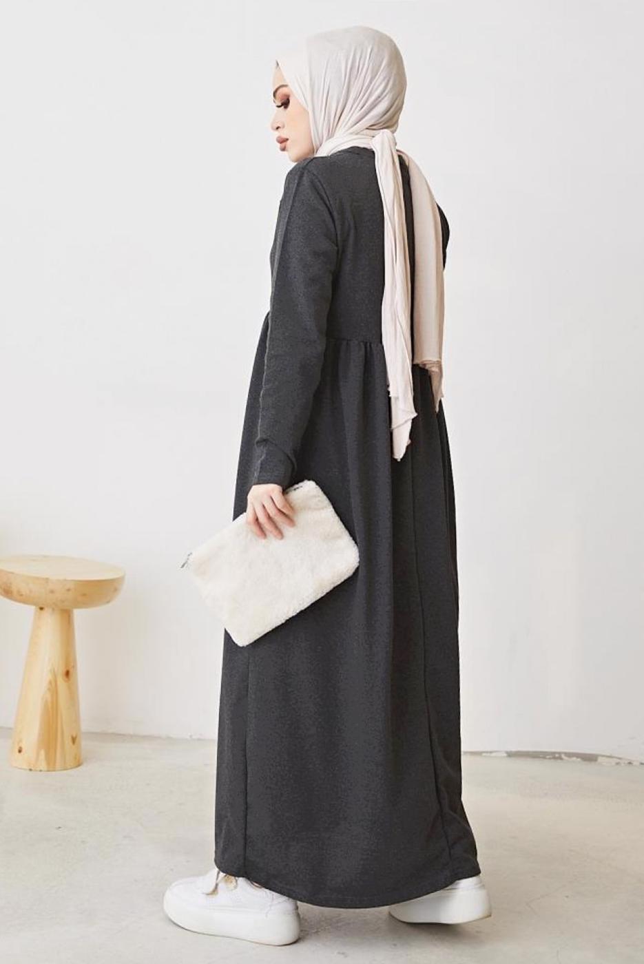 Tesettür giyim GRİ ROBALI SALAŞ ELBİSE T 103