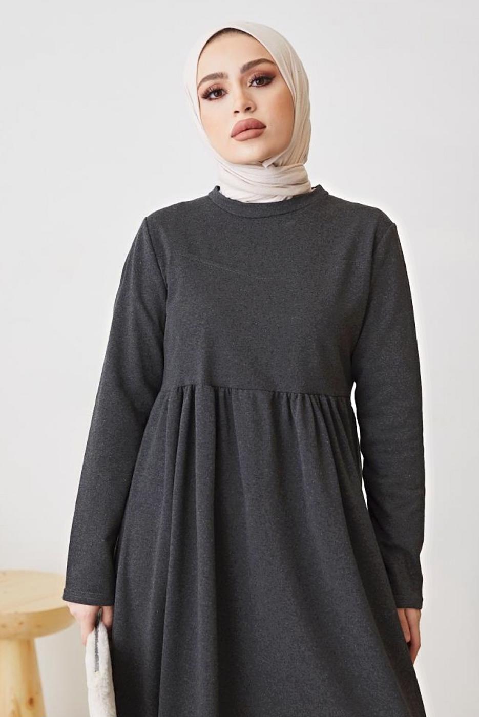 Tesettür giyim GRİ ROBALI SALAŞ ELBİSE T 103