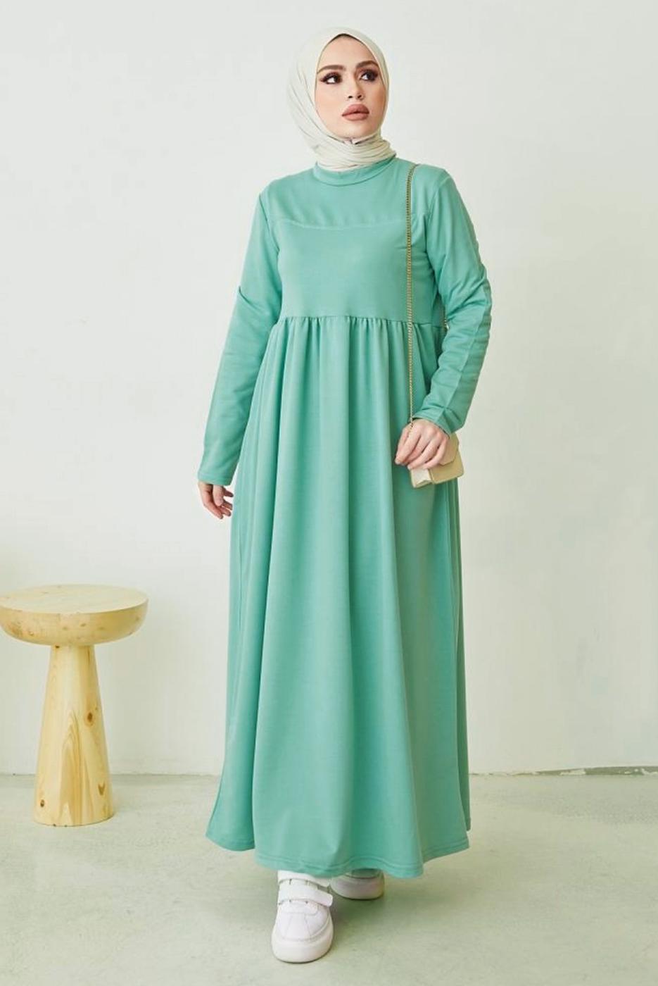 Tesettür giyim YEŞİL ROBALI SALAŞ ELBİSE T 103