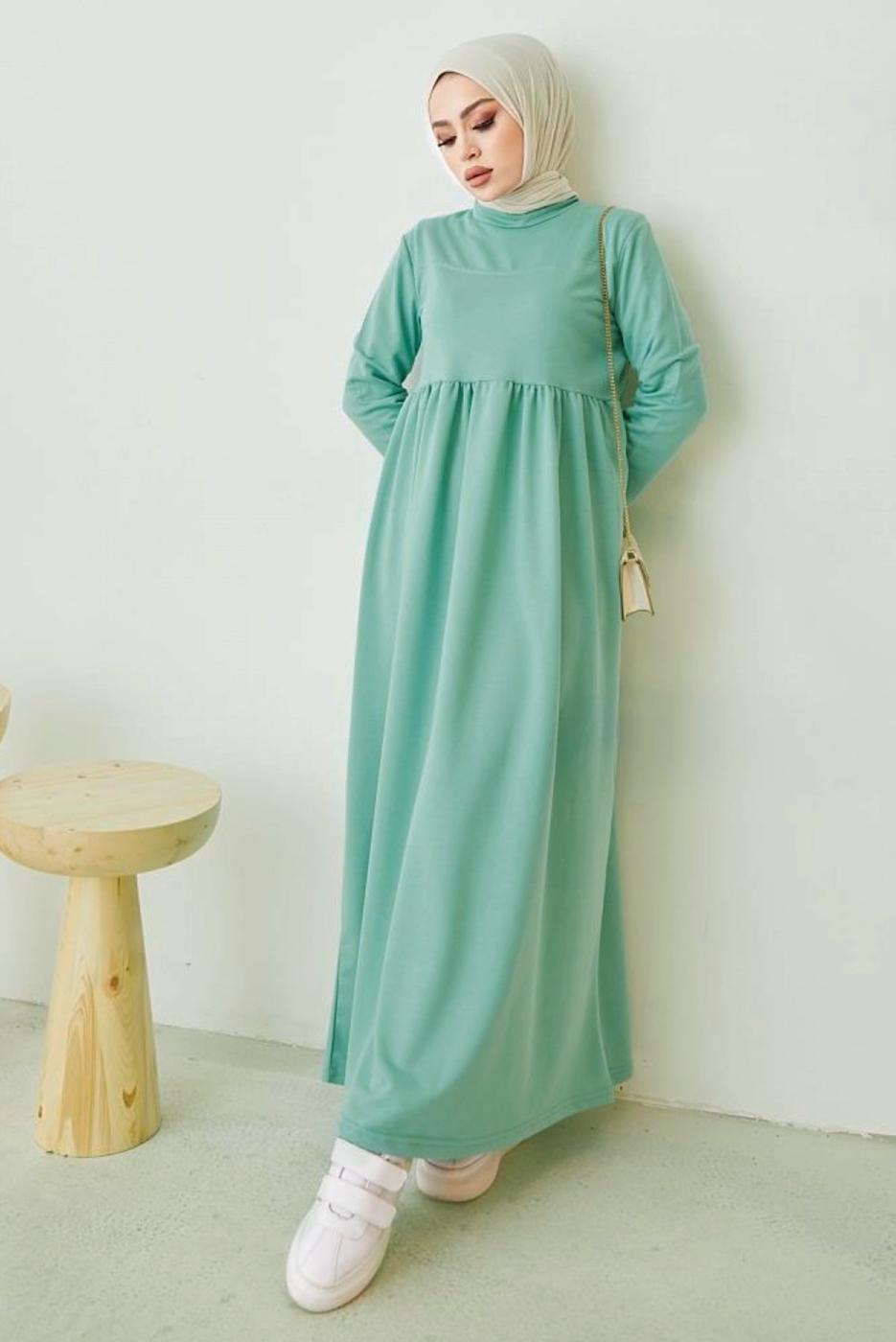 Tesettür giyim YEŞİL ROBALI SALAŞ ELBİSE T 103