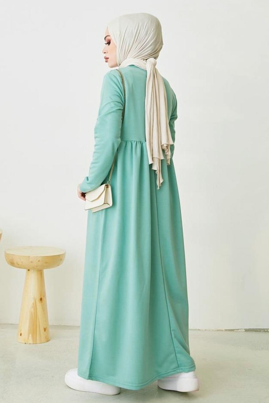 Tesettür giyim YEŞİL ROBALI SALAŞ ELBİSE T 103