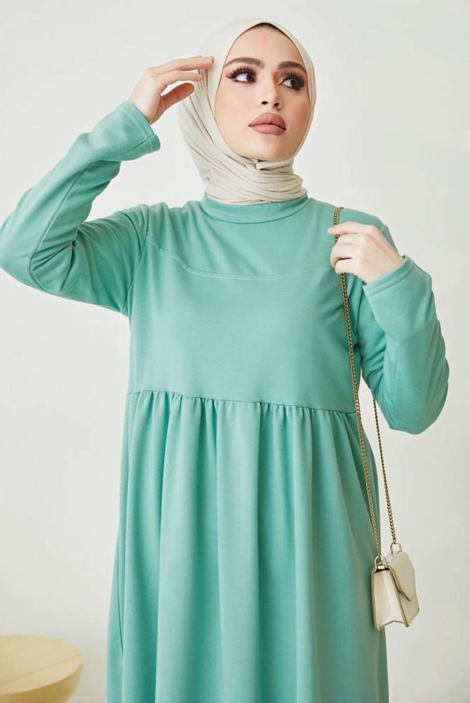 Tesettür giyim YEŞİL ROBALI SALAŞ ELBİSE T 103