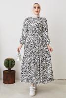 Tesettür giyim SİYAH ZEBRA DESENLİ KUŞAKLI ELBİSE T 104