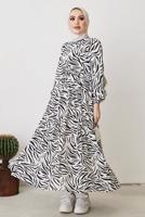 Tesettür giyim SİYAH ZEBRA DESENLİ KUŞAKLI ELBİSE T 104