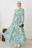 Tesettür giyim YEŞİL ZEBRA DESENLİ KUŞAKLI ELBİSE T 104