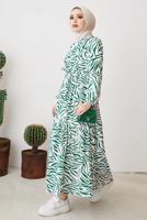 Tesettür giyim YEŞİL ZEBRA DESENLİ KUŞAKLI ELBİSE T 104